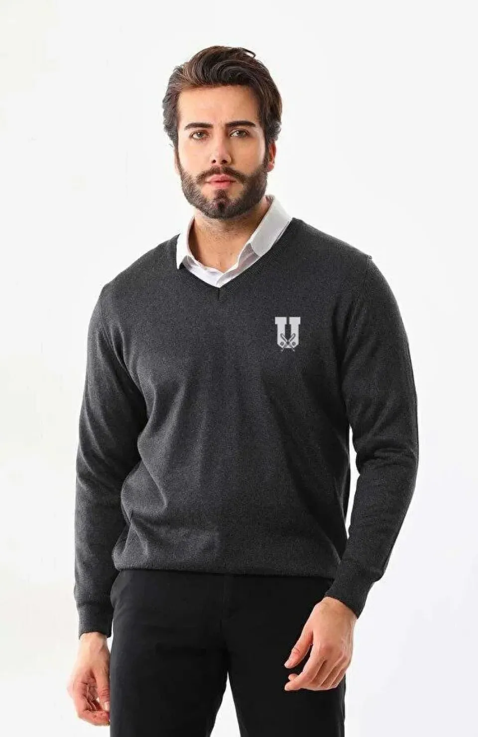 Baskılı V Yaka Uzun Kol Dokuma Triko - Füme