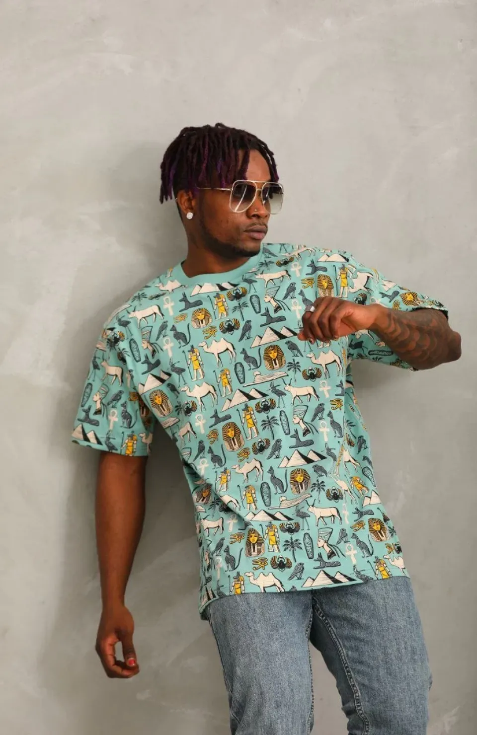 Unisex Oversize Baskılı Bisiklet Yaka T-Shirt - Mint Yeşili