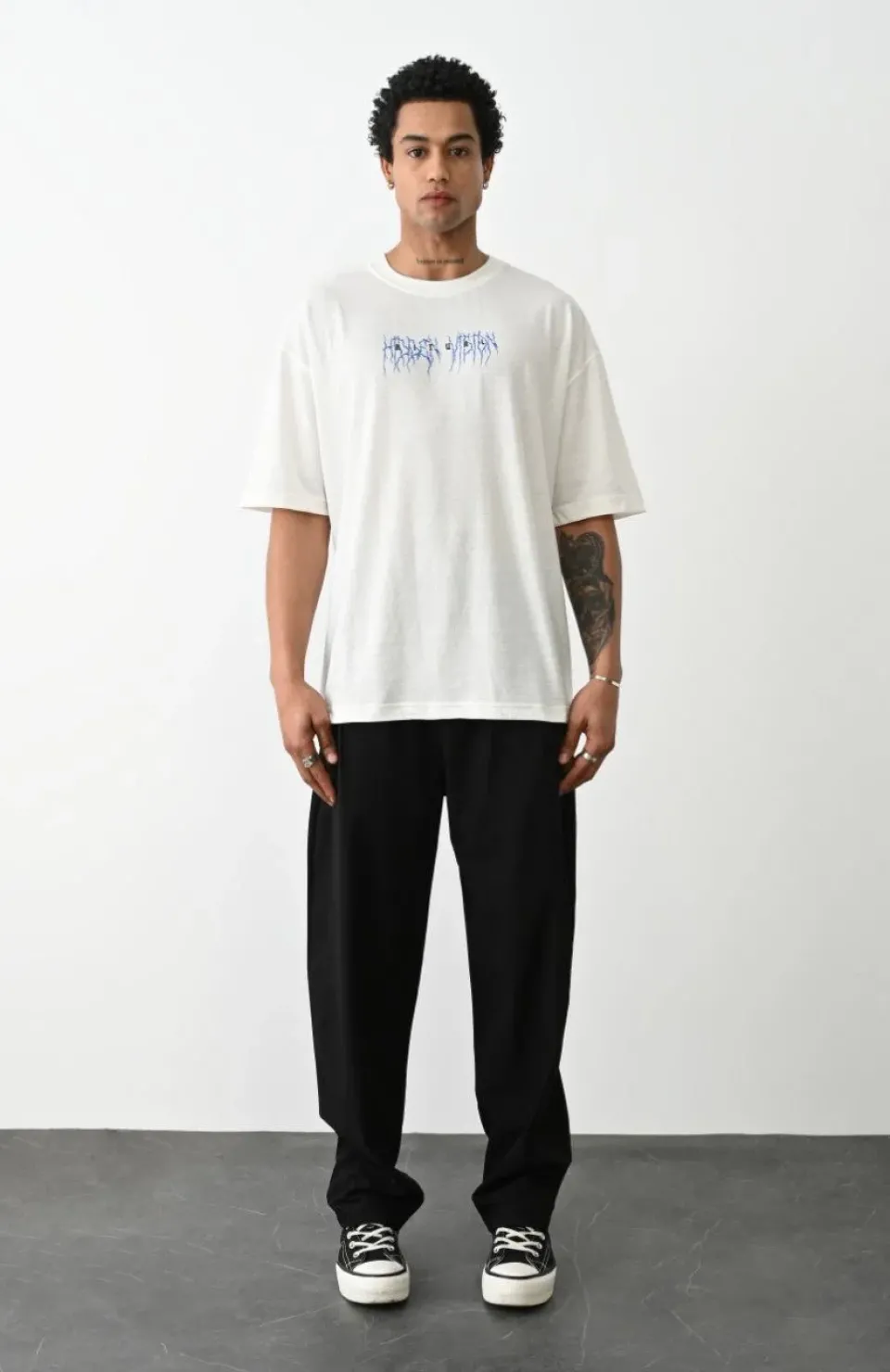 Unisex Baskılı Oversize T-Shirt - Beyaz