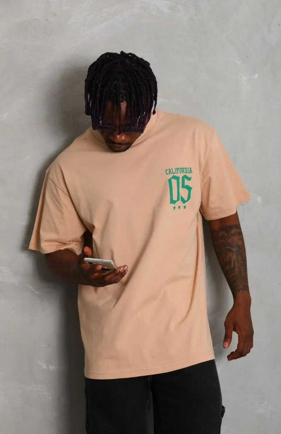 Unisex Oversize Baskılı Bisiklet Yaka T-Shirt - Bej