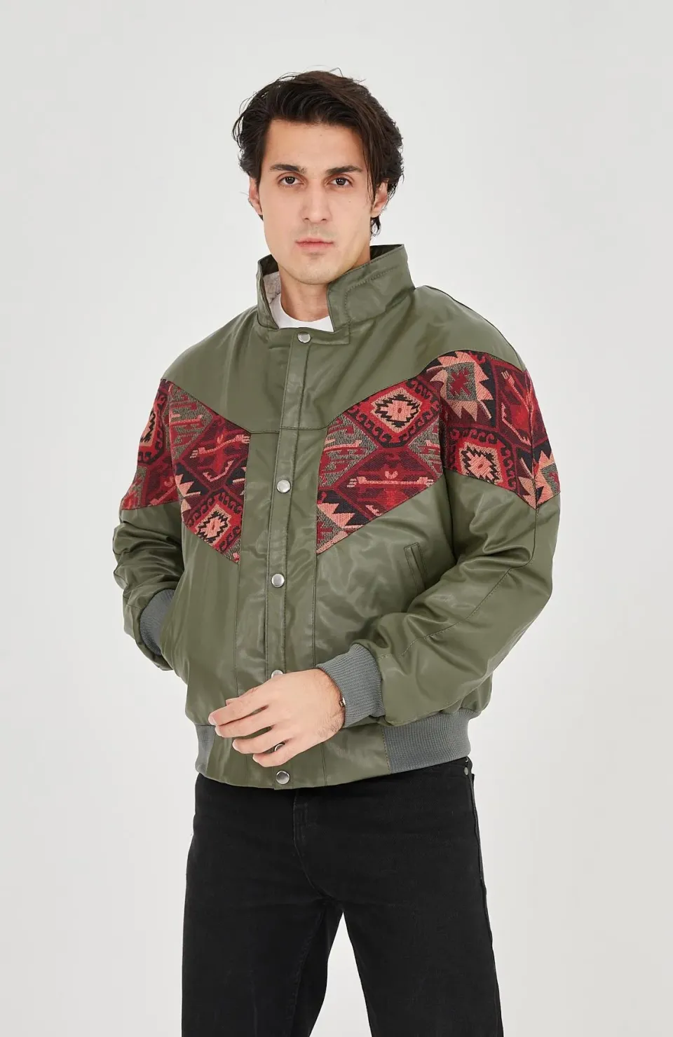 Erkek İçi Astarlı İçten Yaka Kısmı Peluşlu Suni Kumaş Vintage Ceket - Haki