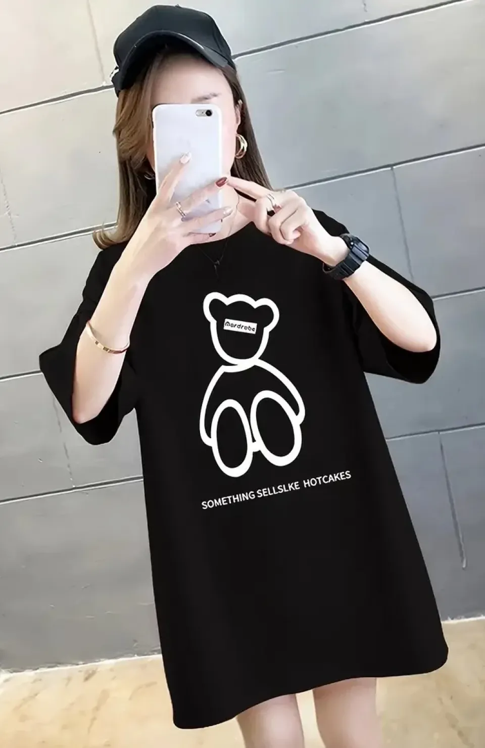 20/1 Penye Compack Ön Arka Baskılı Oversize Bisiklet Yaka T-shirt - Siyah