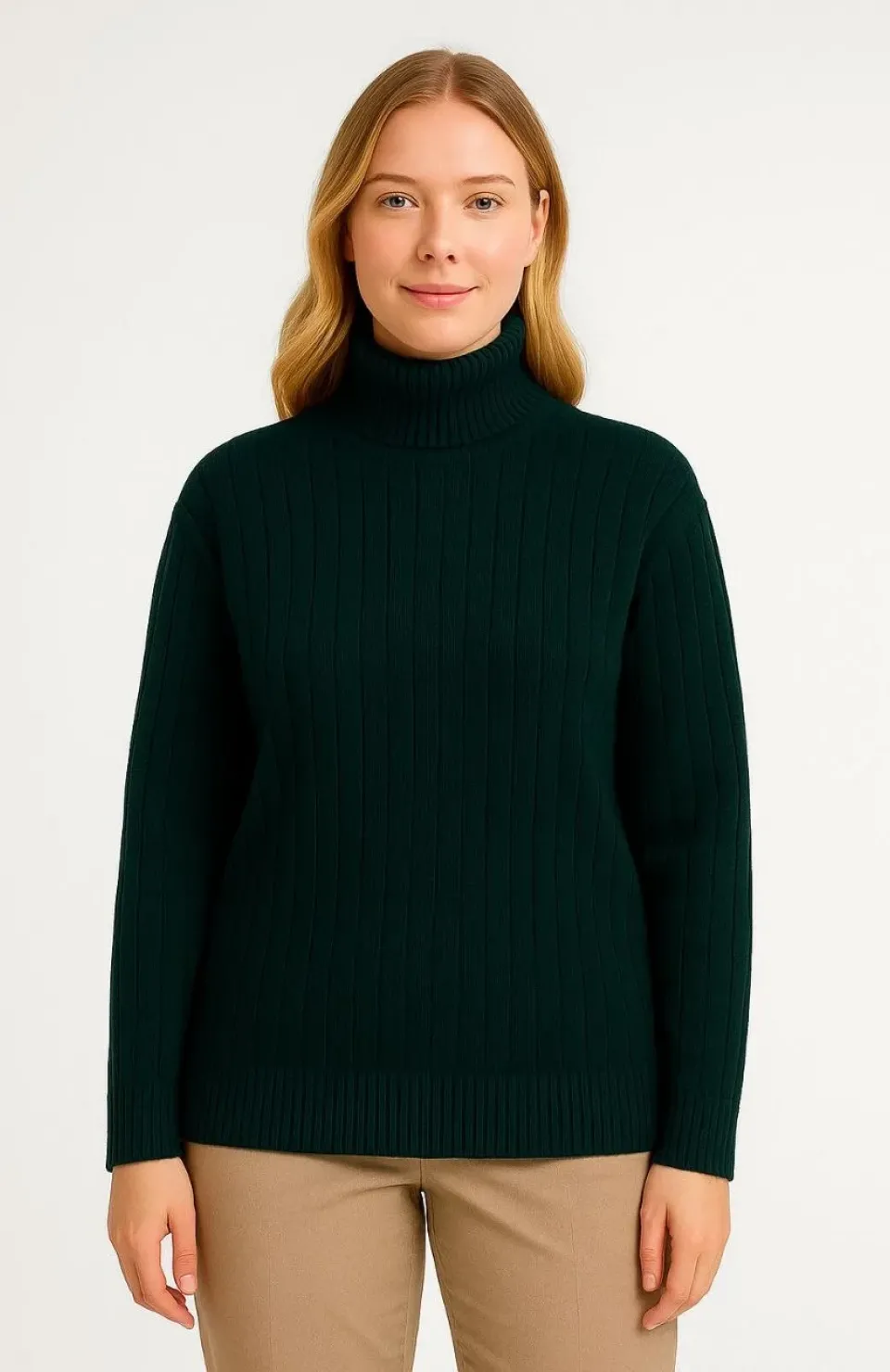 Kadın Balıkcı Yaka Bağazlı Triko Kazak Pamuklu Kalın Fitilli Dokuma - Haki