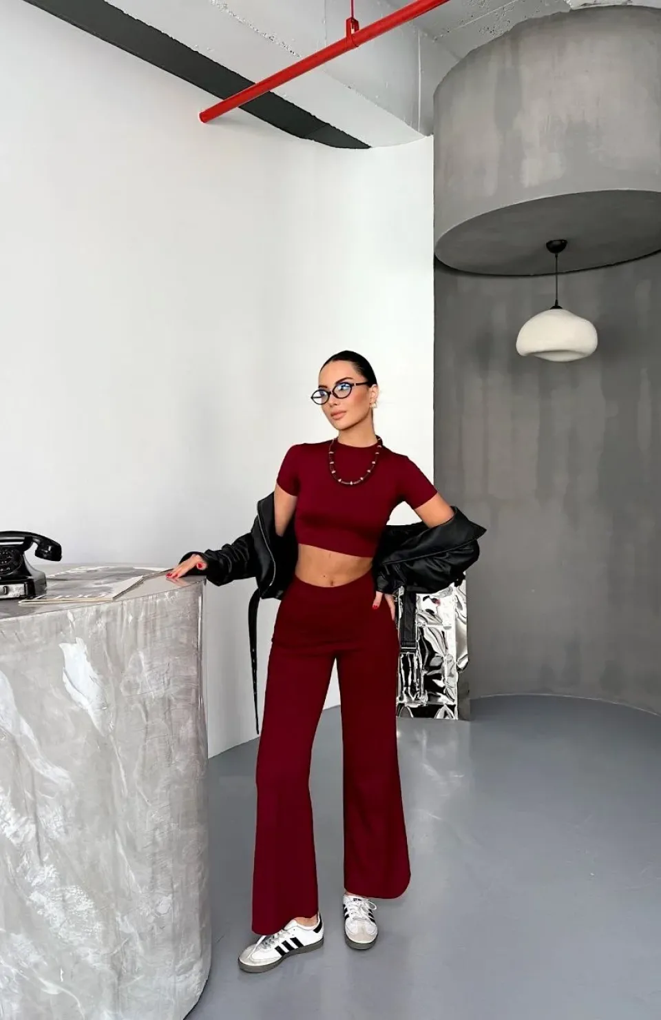 Osy Modal Yumuşak Dokulu Kumaş Kısa Kollu Crop Alt ispanyol Paça Pantalon ikili Takım - Bordo