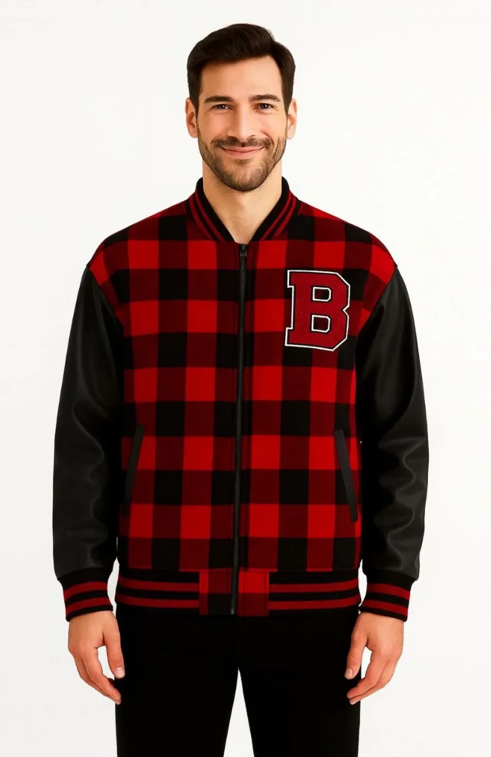 Erkek Kolej Ceket – Kareli Oduncu Kumaş, Kolları Suni Deri, Fermuarlı, İçi Kapitone Astarlı, Nakışlı Oversize Bahar & Kış Stil - Bordo