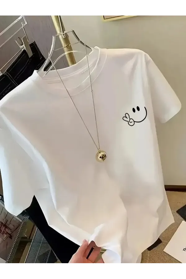 20/1 Penye Compack Gülücük Baskılı Oversize Bisiklet Yaka Kısa Kol Yazlık T-shirt - Beyaz