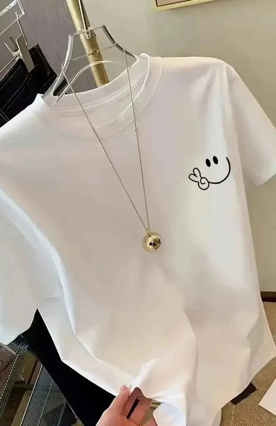 20/1 Penye Compack Gülücük Baskılı Oversize Bisiklet Yaka Kısa Kol Yazlık T-shirt - Beyaz