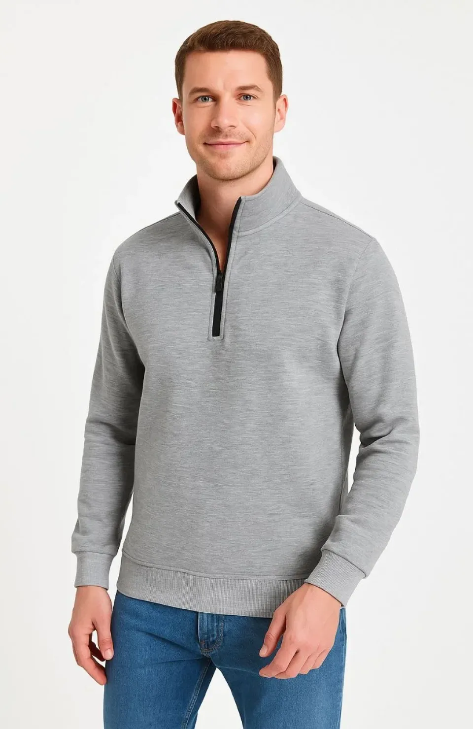 Erkek Dik Yaka Sweatshirt Dik Yaka Yarım Fermuarlı 3 İplik Şardonlu Pamuk Kumaş - Gri