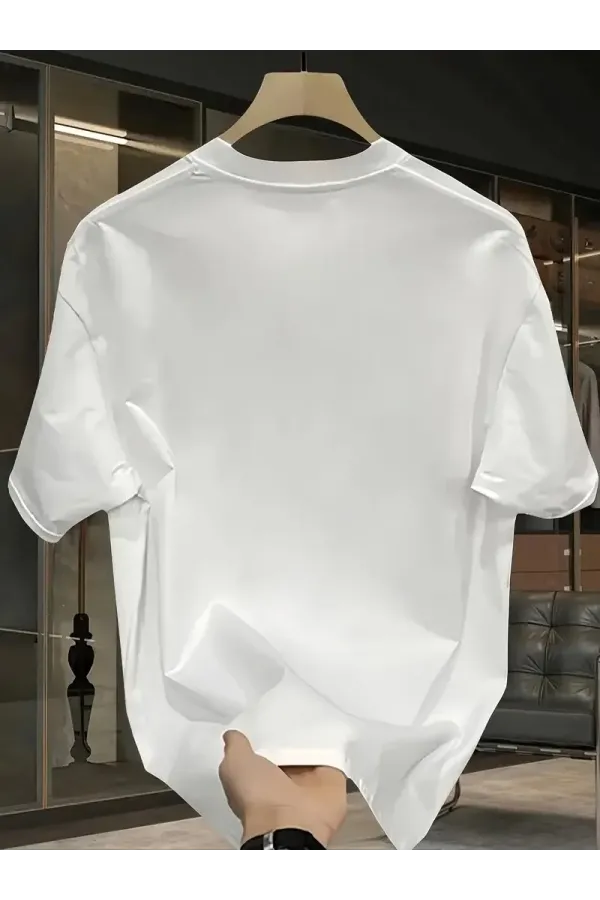 Pembe Panter Baskılı Erkek Oversize Günlük Kısa Kollu Tişört İlkbahar ve Yaz için Mükemmeldir - Beyaz