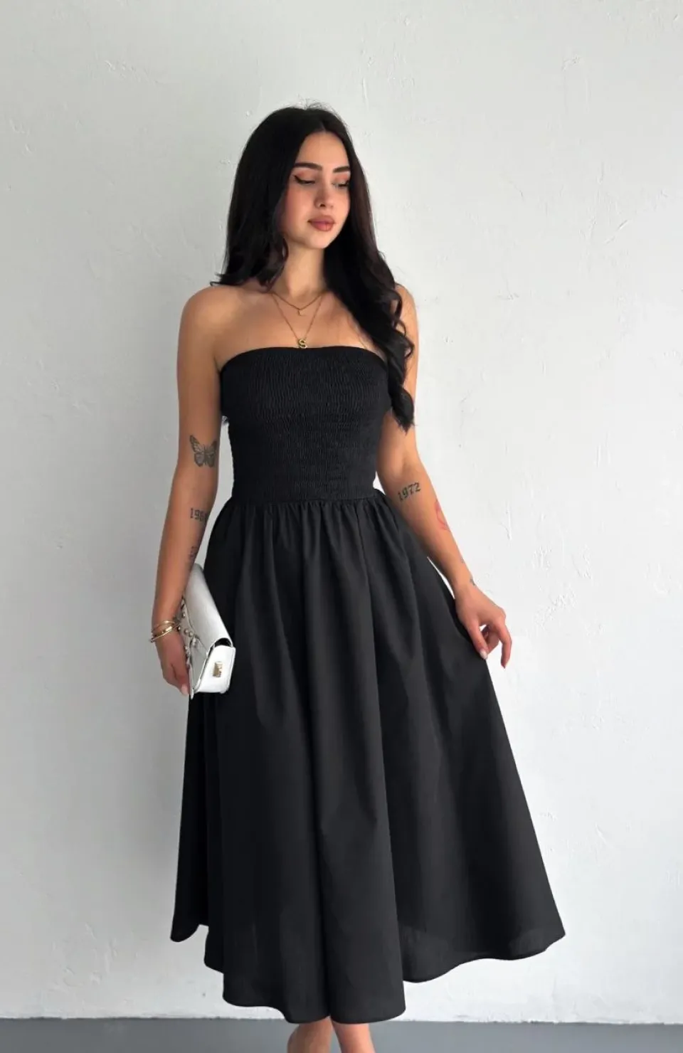 Straplez Pileli Elbise - Siyah