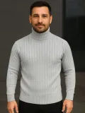 Erkek Balıkcı Yaka Bağazlı Triko Kazak Pamuklu Kalın Fitilli Dokuma, Regular Fit Uzun Kollu Kışlık Model - Gri