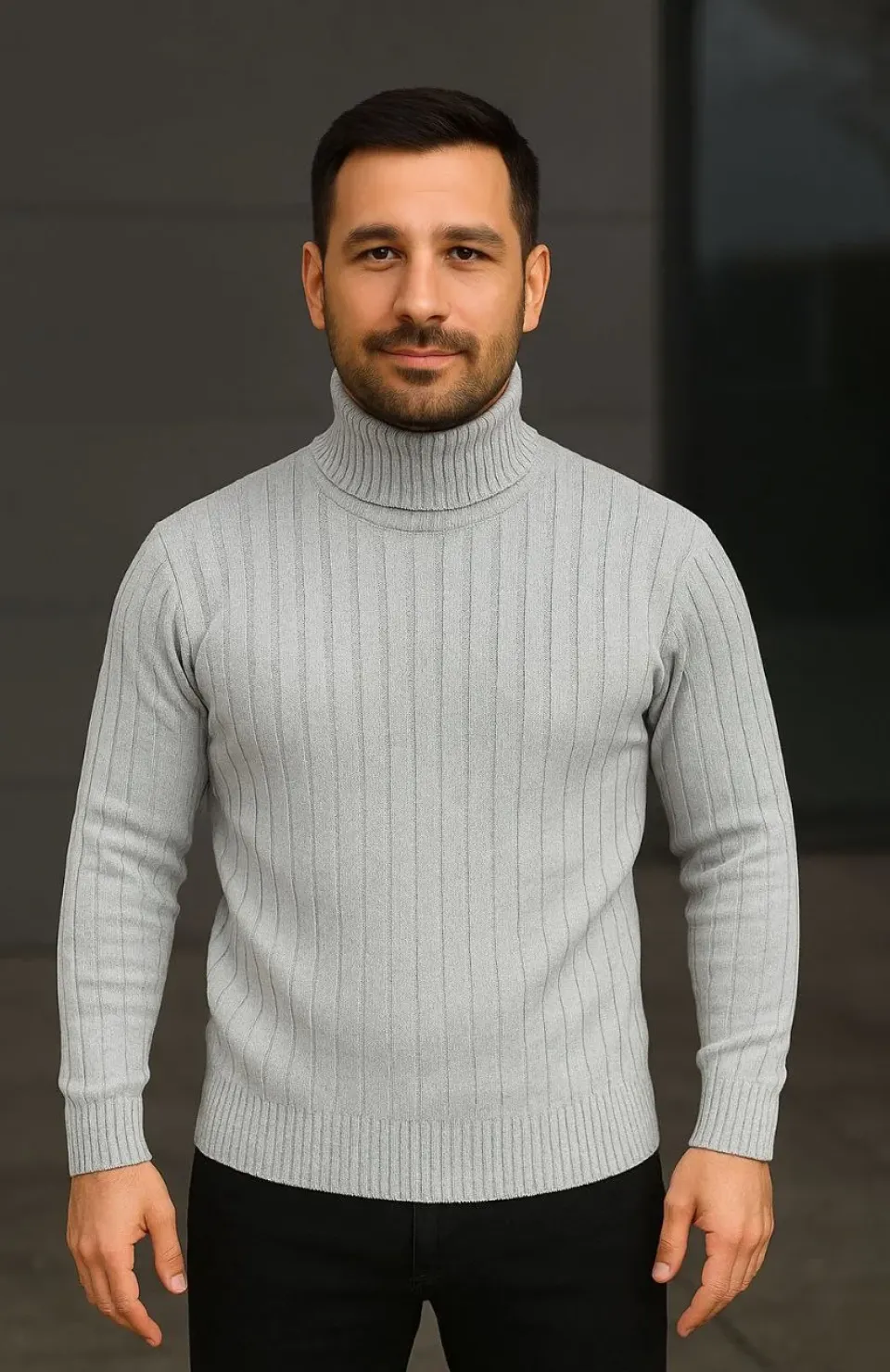 Erkek Balıkcı Yaka Bağazlı Triko Kazak Pamuklu Kalın Fitilli Dokuma, Regular Fit Uzun Kollu Kışlık Model - Gri