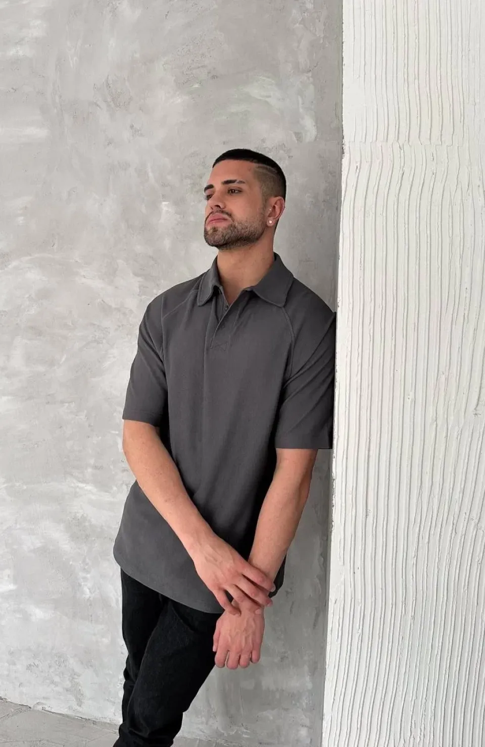 Yakalı Patlı Kısa Kol T-shirt - Antrasit