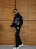 Erkek Kapüşonlu Eşofman Takım Graffiti Baskılı Oversize Rahat Kalıp, Kanguru Cepli, Streetwear Tarzında Premium Ürün 3 iplik Pamuklu - Siyah