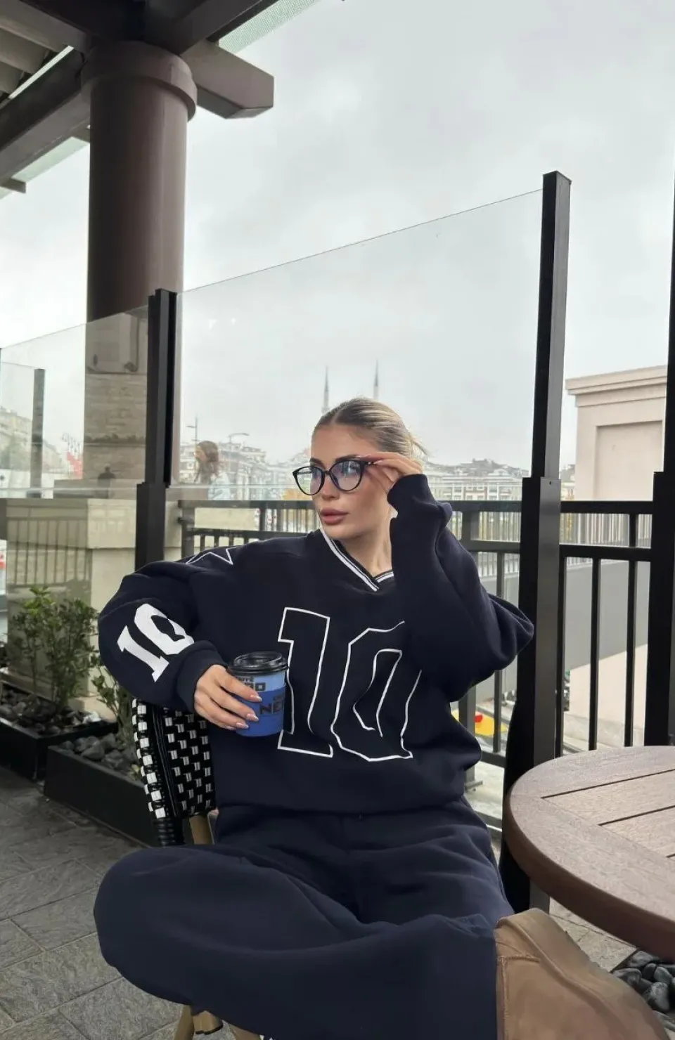 V Yaka Üç İplik Sweat Takım - Siyah