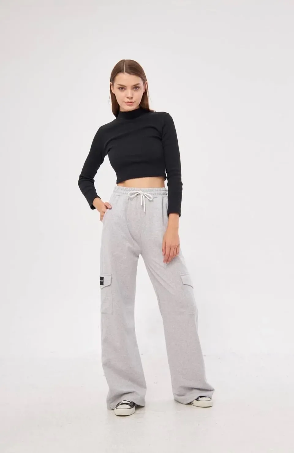 Kargo Cepli Palazzo Oversize Kesim İki iplik Bol Paça Eşofman Altı Pantalon - Gri