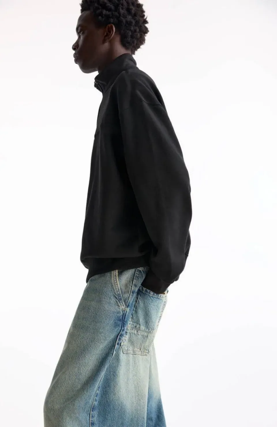 Oversize Yarım Farmuarlı Yakalı Basic SweatShirt - Siyah