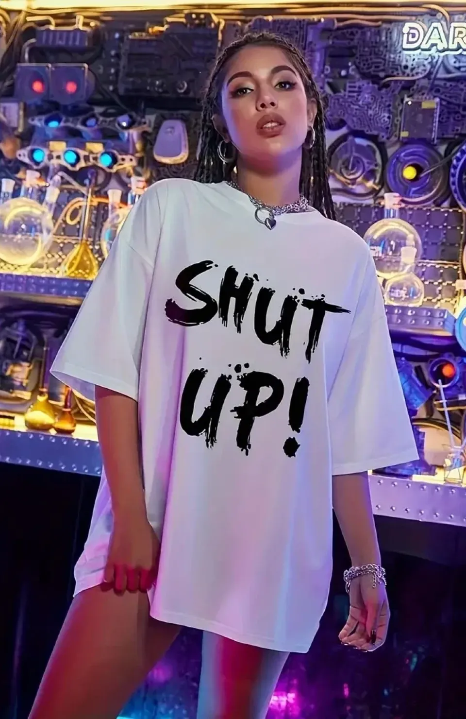 20/1 Penye Compack Oversize Beyaz Shut Up Kısa Kol Yazlık Tişört - Beyaz