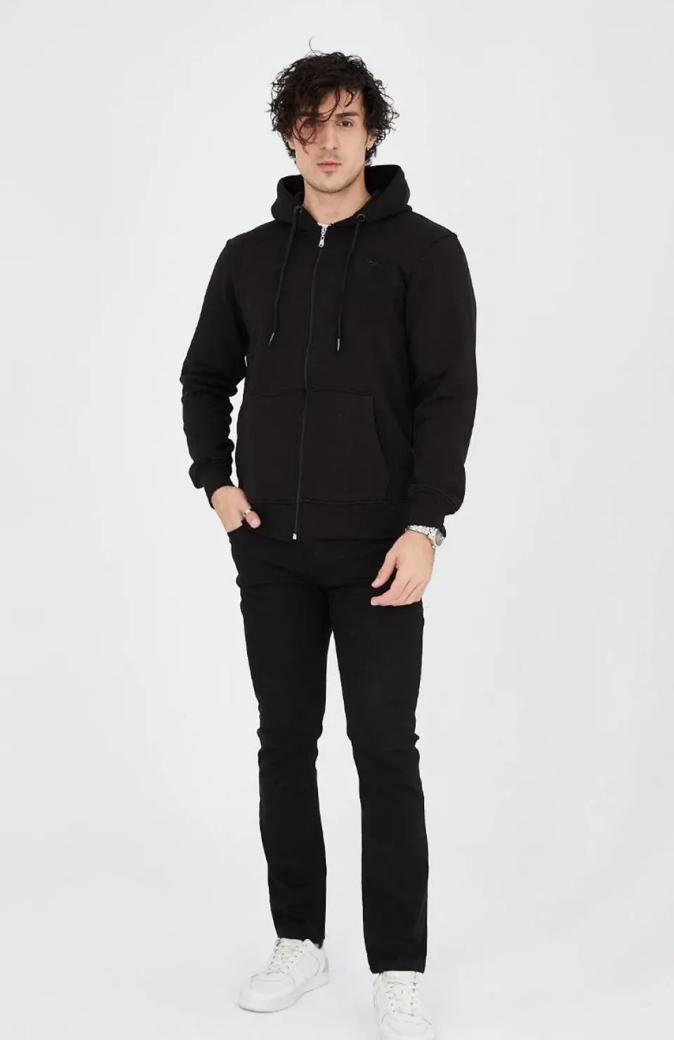 Unisex Tam Fermuarlı Kapşonlu  SweatShirt - Siyah