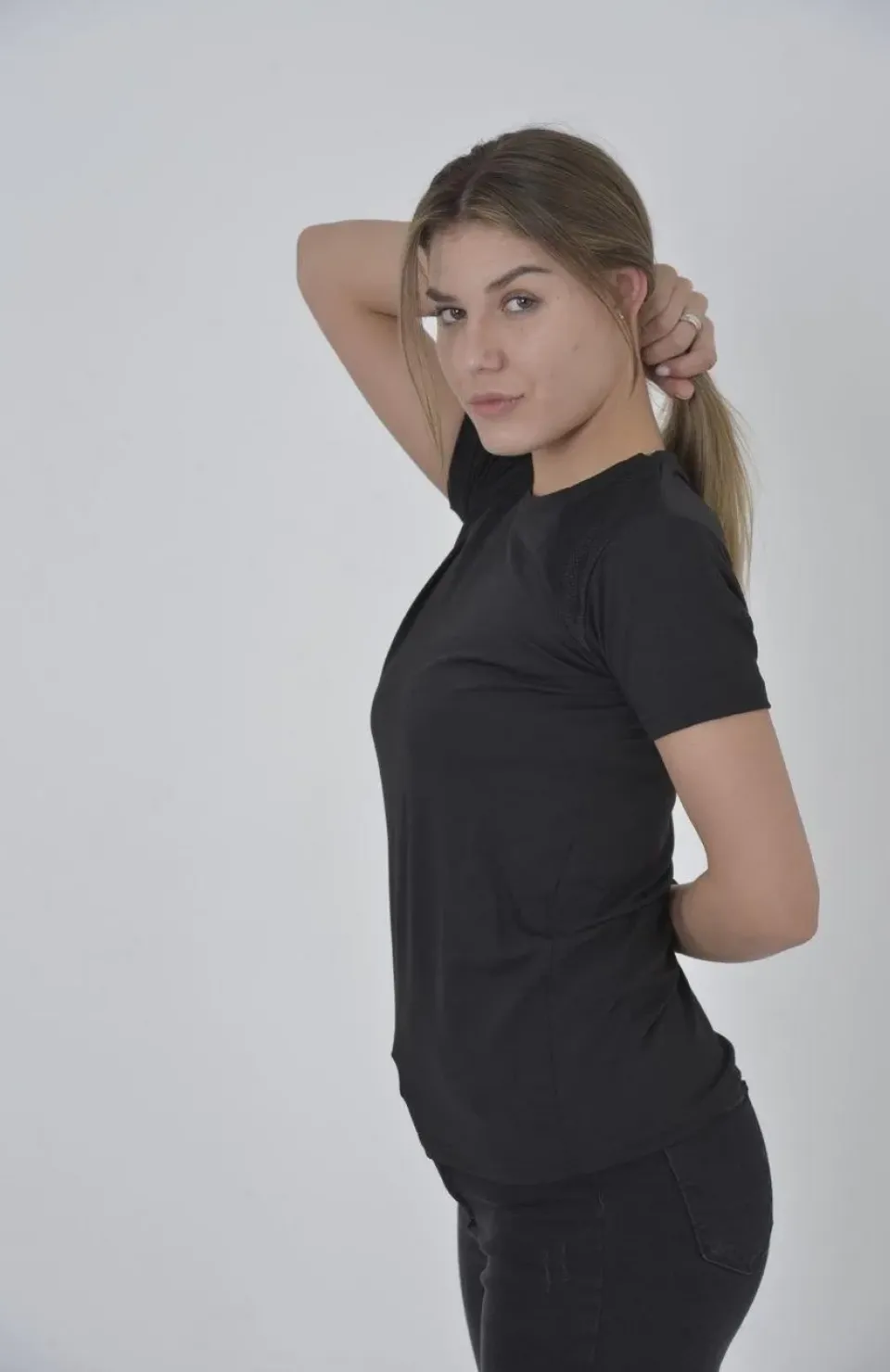 Kadın Omuz Fileli Slim Fit T-shirt - Siyah