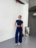 Osy Modal Yumuşak Dokulu Kumaş Kısa Kollu Crop Alt ispanyol Paça Pantalon ikili Takım - Lacivert