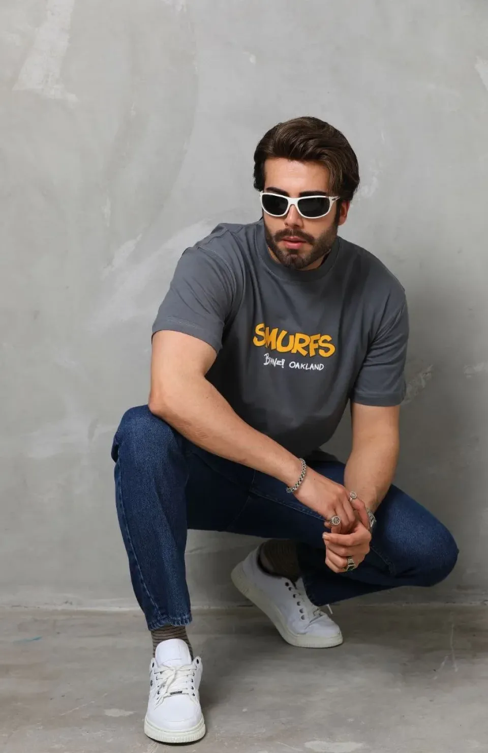 Unisex Basic Bisiklet Yaka Oversize T-Shirt - Füme