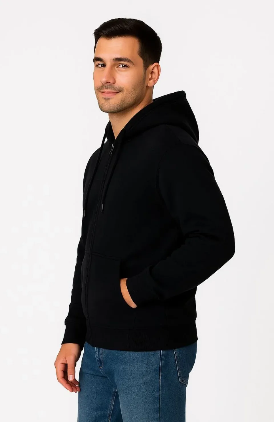 Erkek Üç İplik Kapüşonlu Tam Fermuarlı Kanguru Çepli SweatShirt Hoodie - Siyah