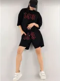 Kadın Unisex Nakış İşlemeli Şort Takım - Siyah