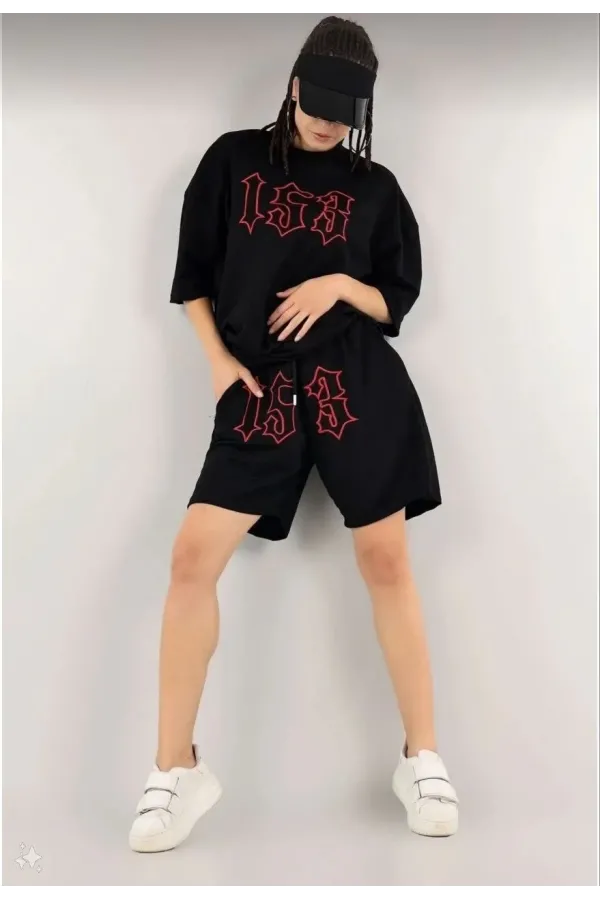 Kadın Unisex Nakış İşlemeli Şort Takım - Siyah