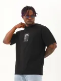 Unisex Oversize Baskılı Bisiklet Yaka T-Shirt - Siyah