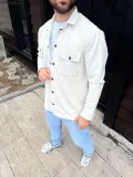 Erkek Diagonal Kumaş Cepli Çıtçıtlı uzun Kollu, Gömlek Oversize Rahat Kalıp Günlük Şık Stil - Beyaz