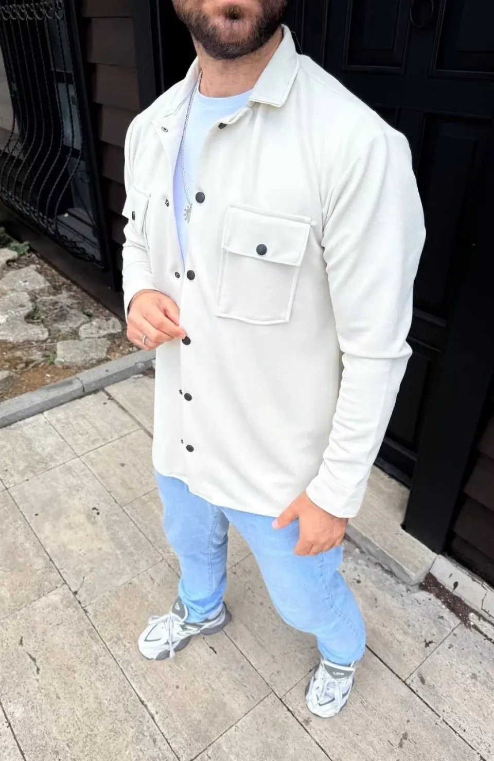 Erkek Diagonal Kumaş Cepli Çıtçıtlı uzun Kollu, Gömlek Oversize Rahat Kalıp Günlük Şık Stil - Beyaz