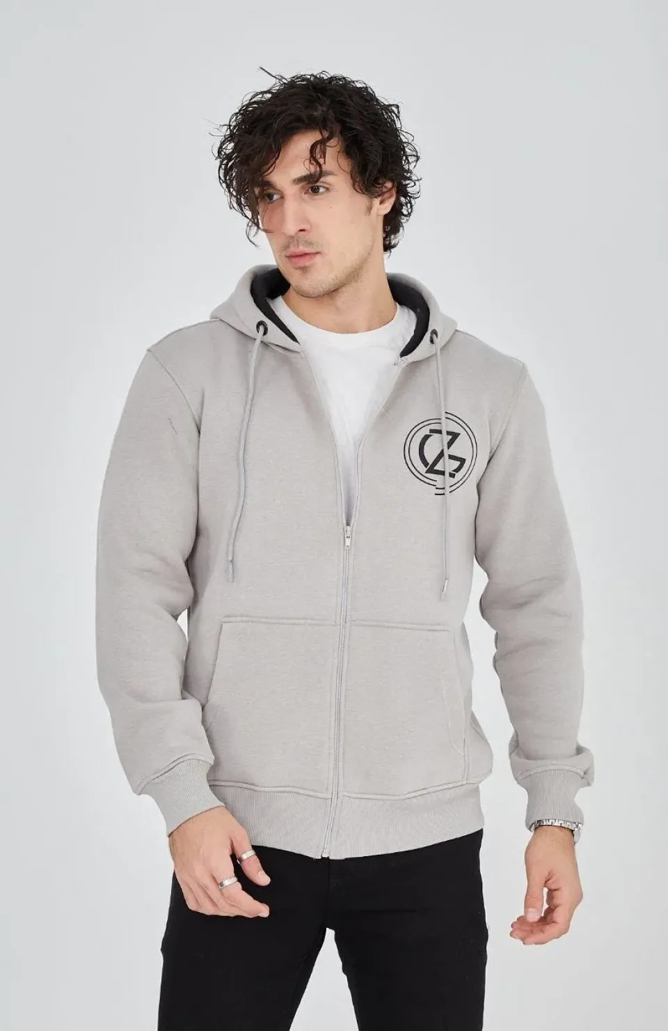Erkek Kapüşonlu Baskılı Fermuarlı Hırka - Boyalı Gri Somersan Giyim | Kadın, Erkek ve Çocuk Moda