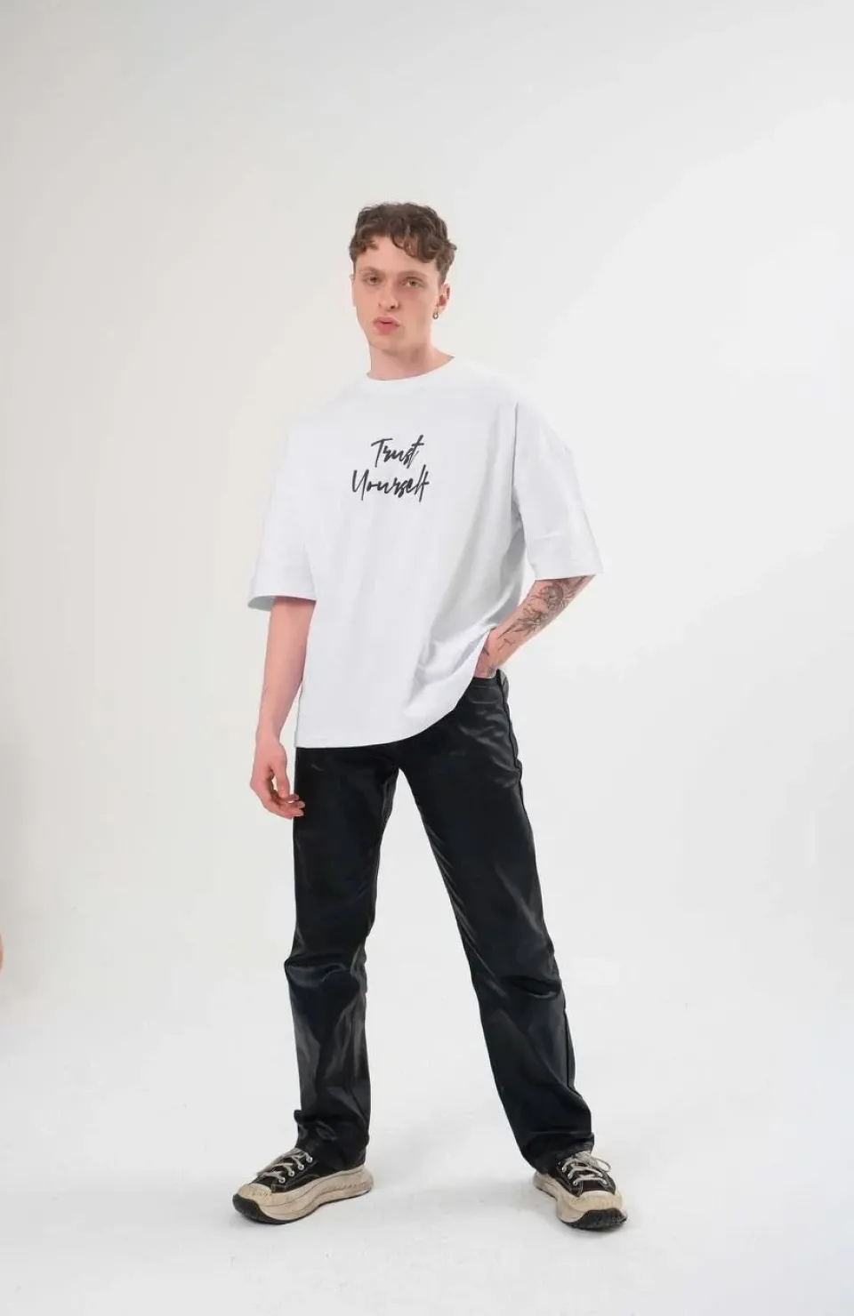 Unisex Bisiklet Yaka Baskılı Oversize T-Shirt - Beyaz