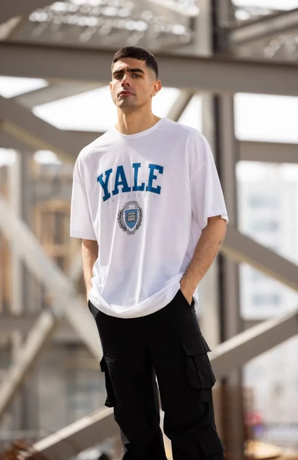 Unisex Bisiklet Yaka Baskılı Oversize T-Shirt - Beyaz