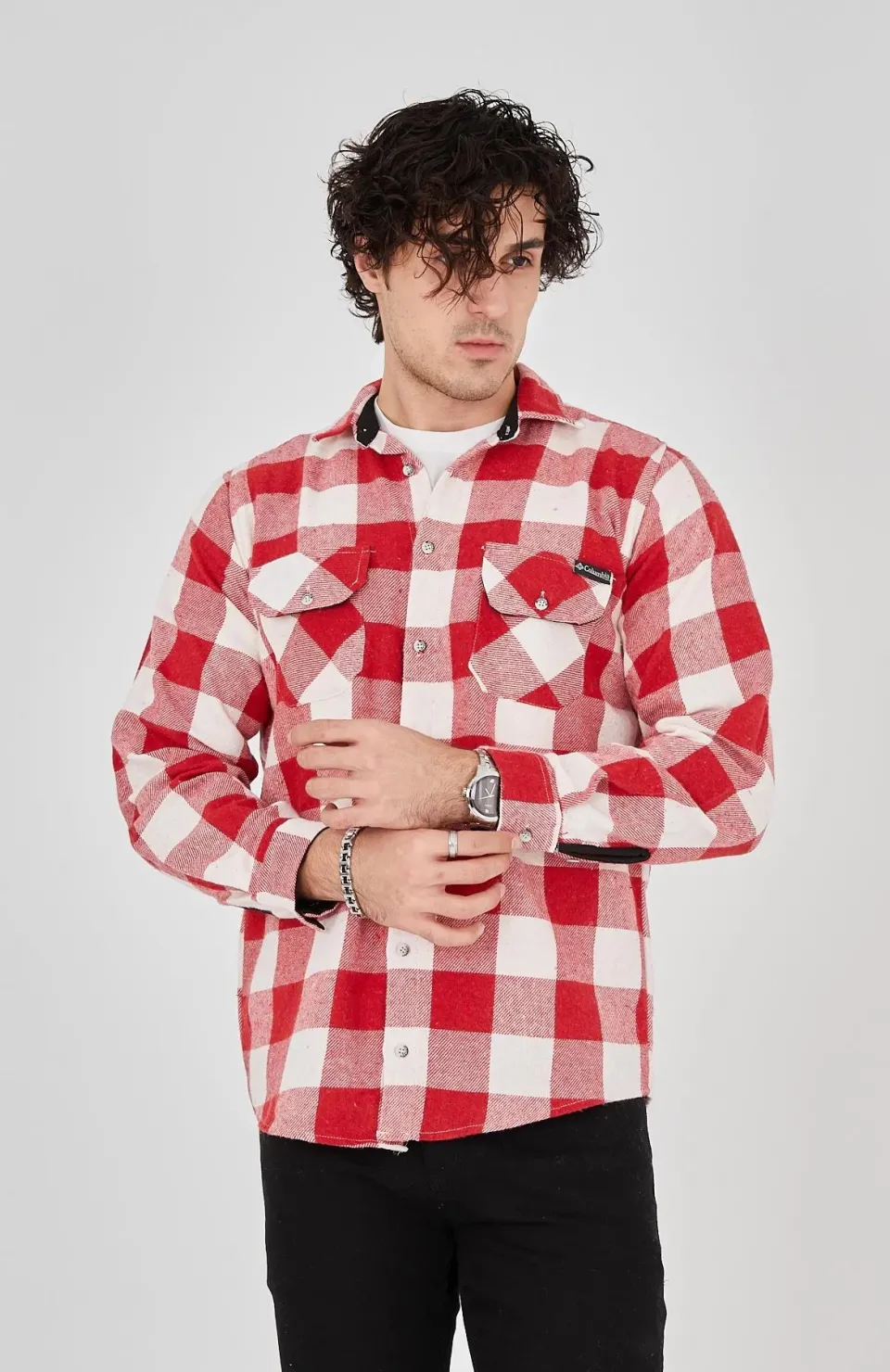 Erkek Oduncu Gömlek – Uzun Kollu, Şardonlu Kumaş, Kareli Desen, Regular Fit, Manşetli, Çift Cepli, Rahat Günlük Bahar & Kış Stil - Pembe