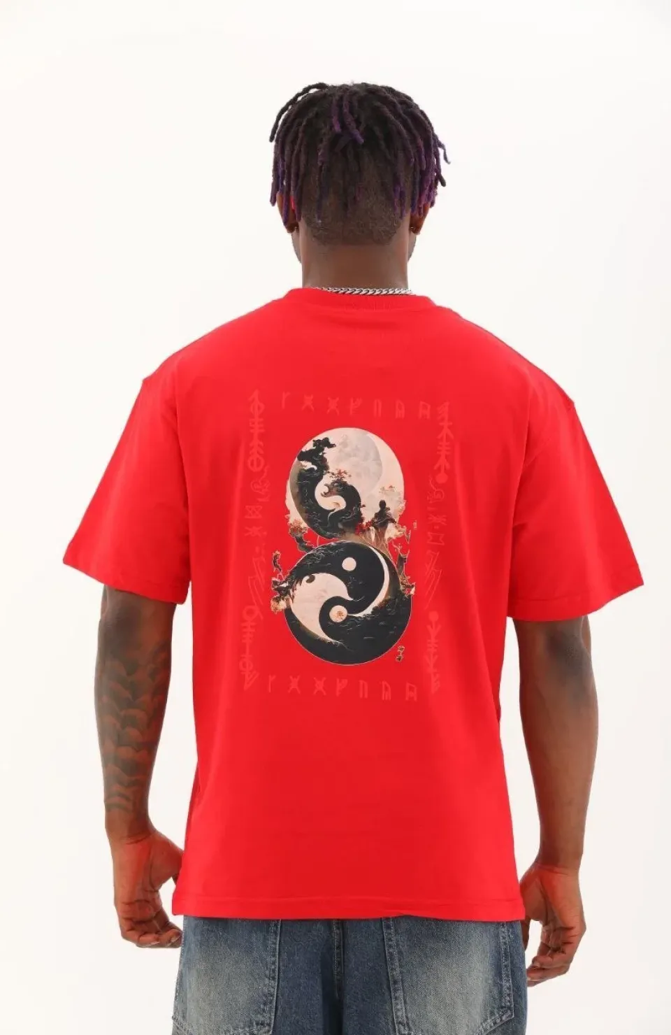 Unisex Oversize Baskılı Bisiklet Yaka T-Shirt - Kırmızı