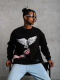Erkek Güvercin Baskılı Sweatshirt - Siyah