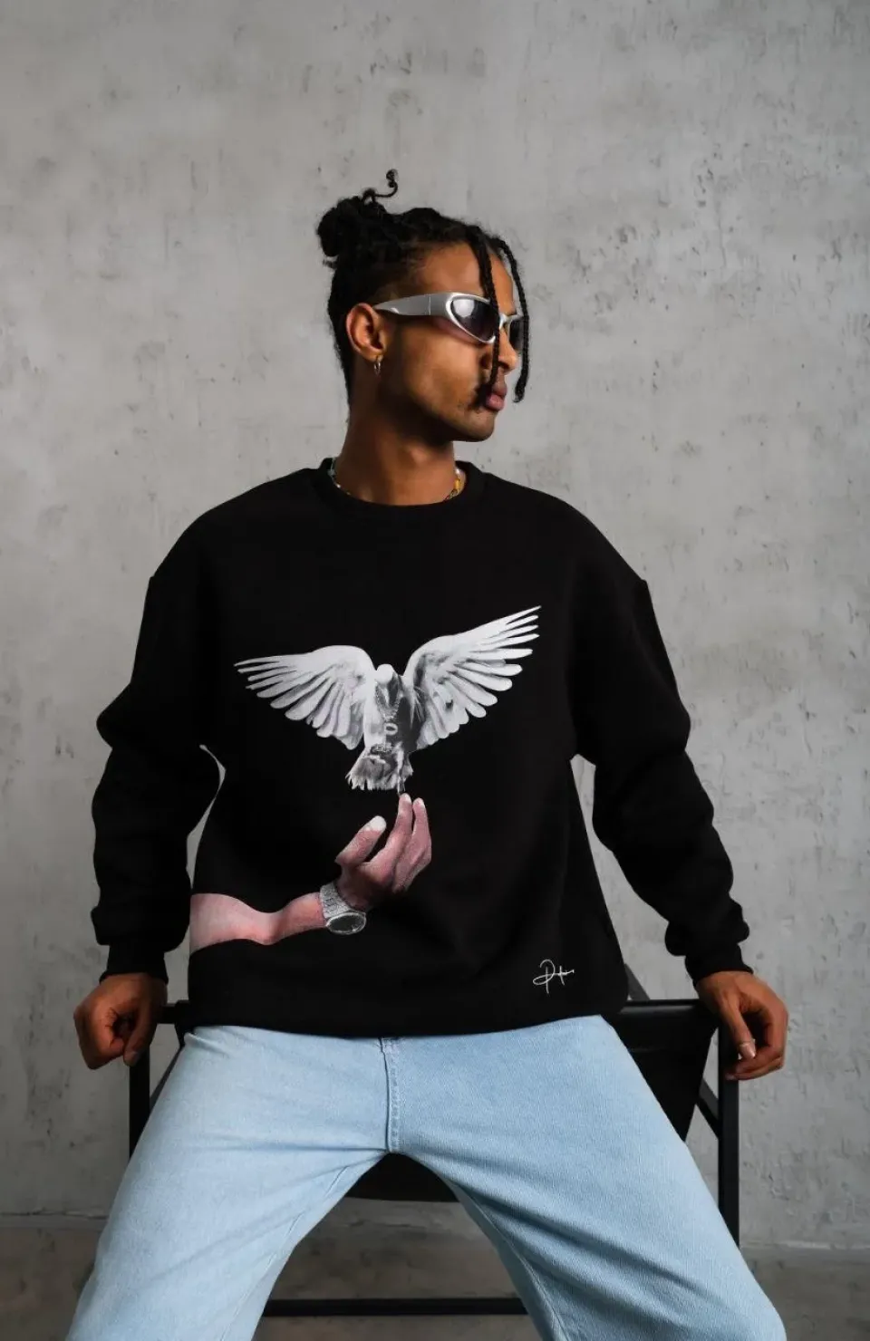 Erkek Güvercin Baskılı Sweatshirt - Siyah