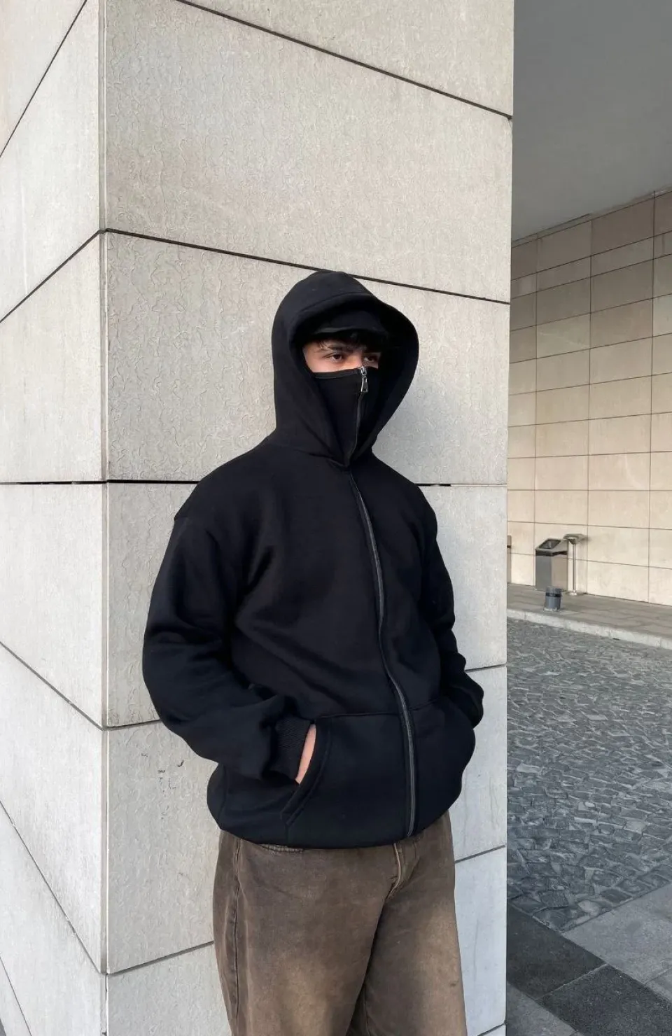 Samuray Kapüşonlu ZIP Fermuarlı Kapüşonlu SweatShirt - Siyah