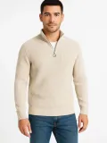 Erkek Yarım Fermuarlı Triko Kazak – Selanik Örgü, Dik Yaka, Pamuklu Dokuma, Regular Fit Uzun Kollu Kışlık Model - Bej