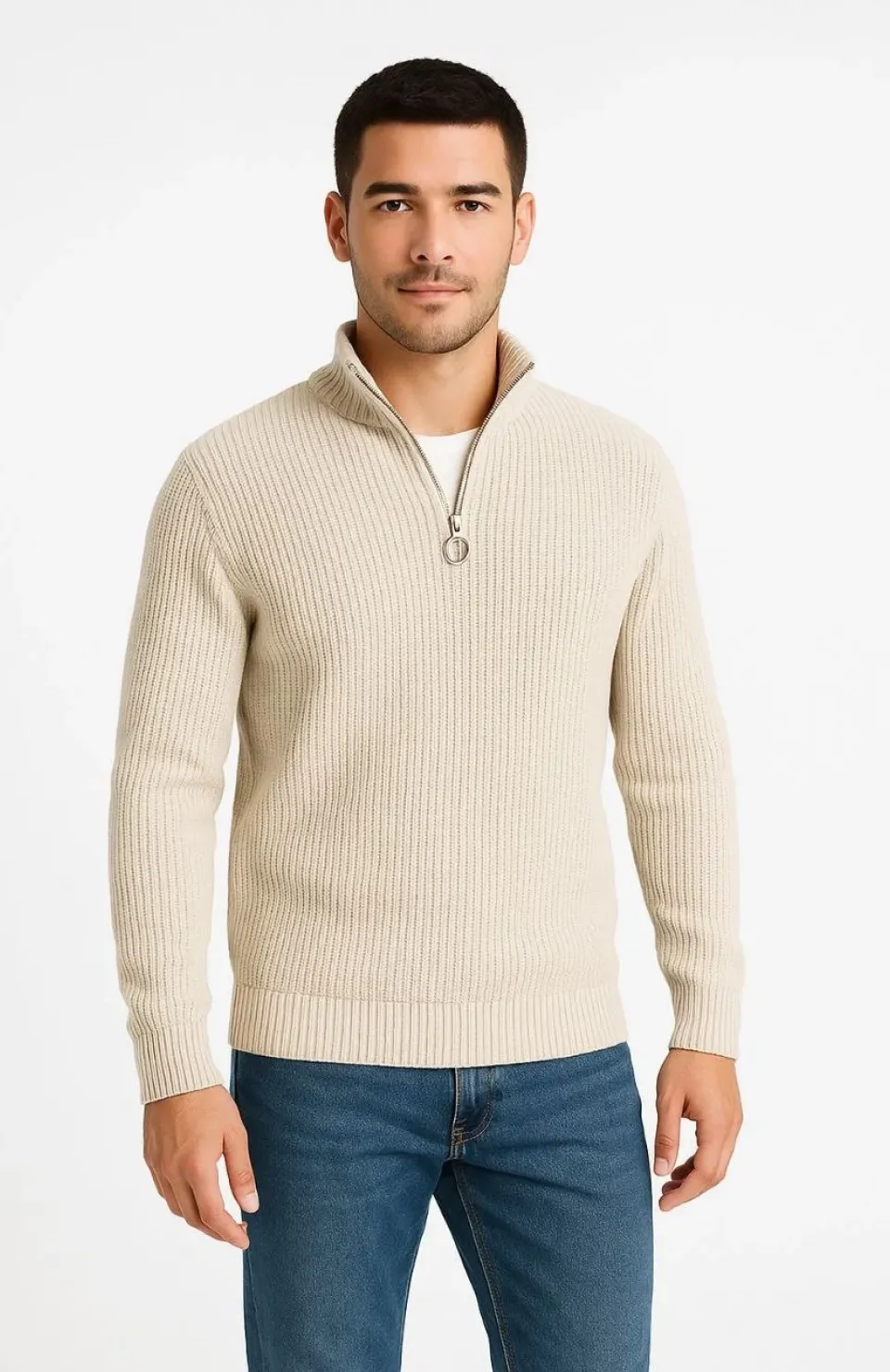 Erkek Yarım Fermuarlı Triko Kazak – Selanik Örgü, Dik Yaka, Pamuklu Dokuma, Regular Fit Uzun Kollu Kışlık Model - Bej