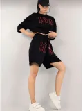 Kadın Unisex Nakış İşlemeli Şort Takım - Siyah