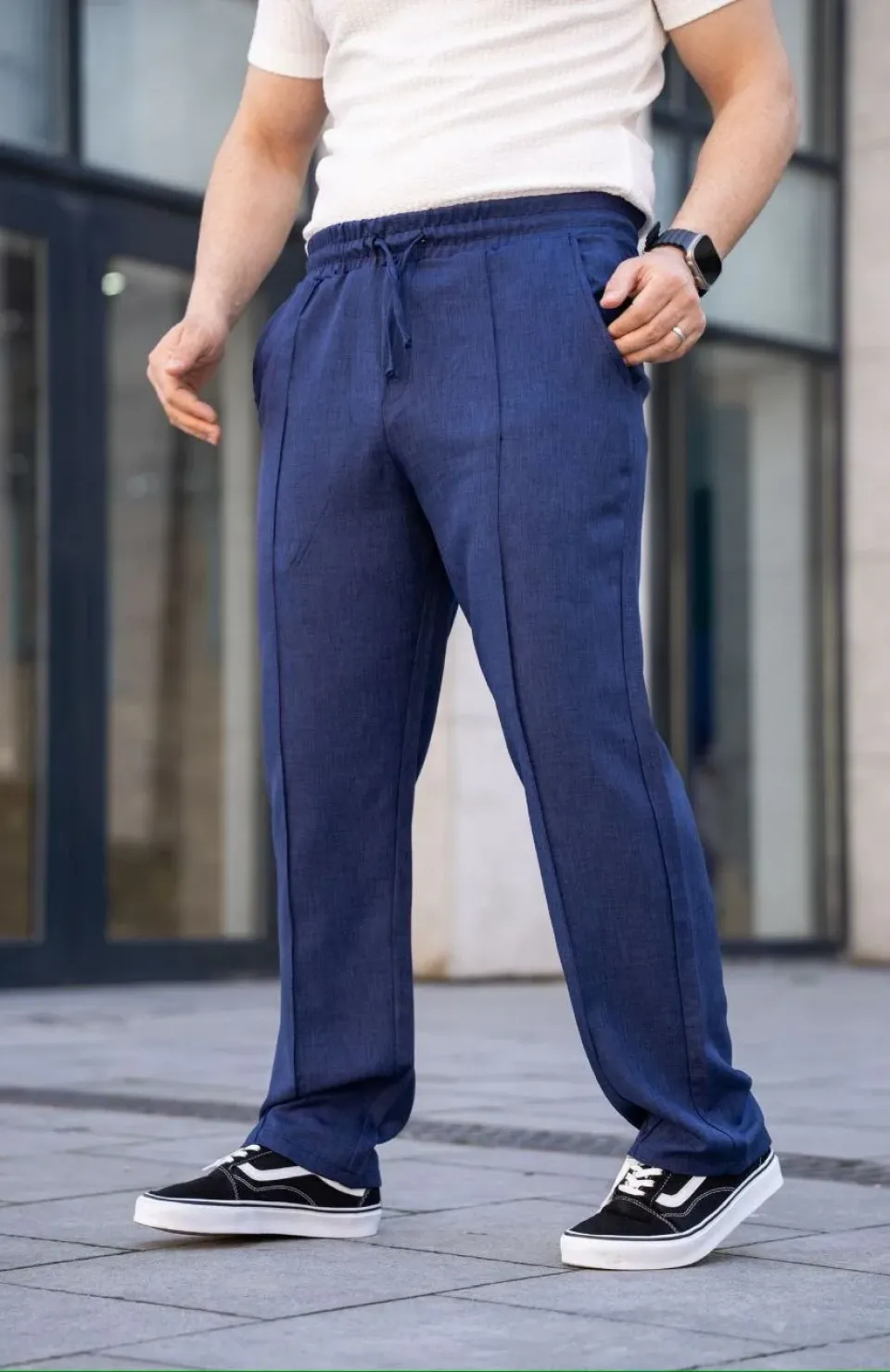 Erkek Keten Cepli Çıma Dikişli jogger Buggy Pantalon Rahat kalıp - Lacivert