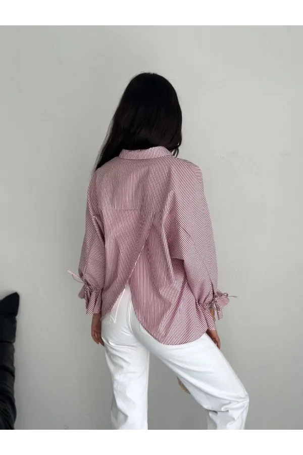 Kadın Arkası Asimetrik Yırtmaç Kesim Detaylı Cizgili Bluz Gömlek - Bordo
