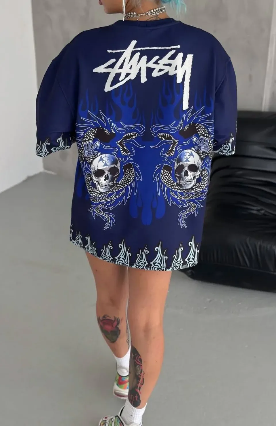 Unisex Bisiklet Yaka Baskılı Oversize T-Shirt - Lacivert