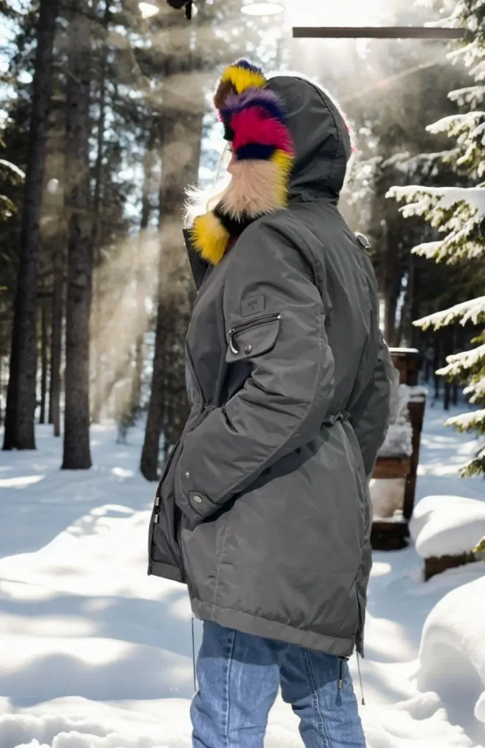 Kadın Su Geçirmez Kapüşonlu Mont - Füme