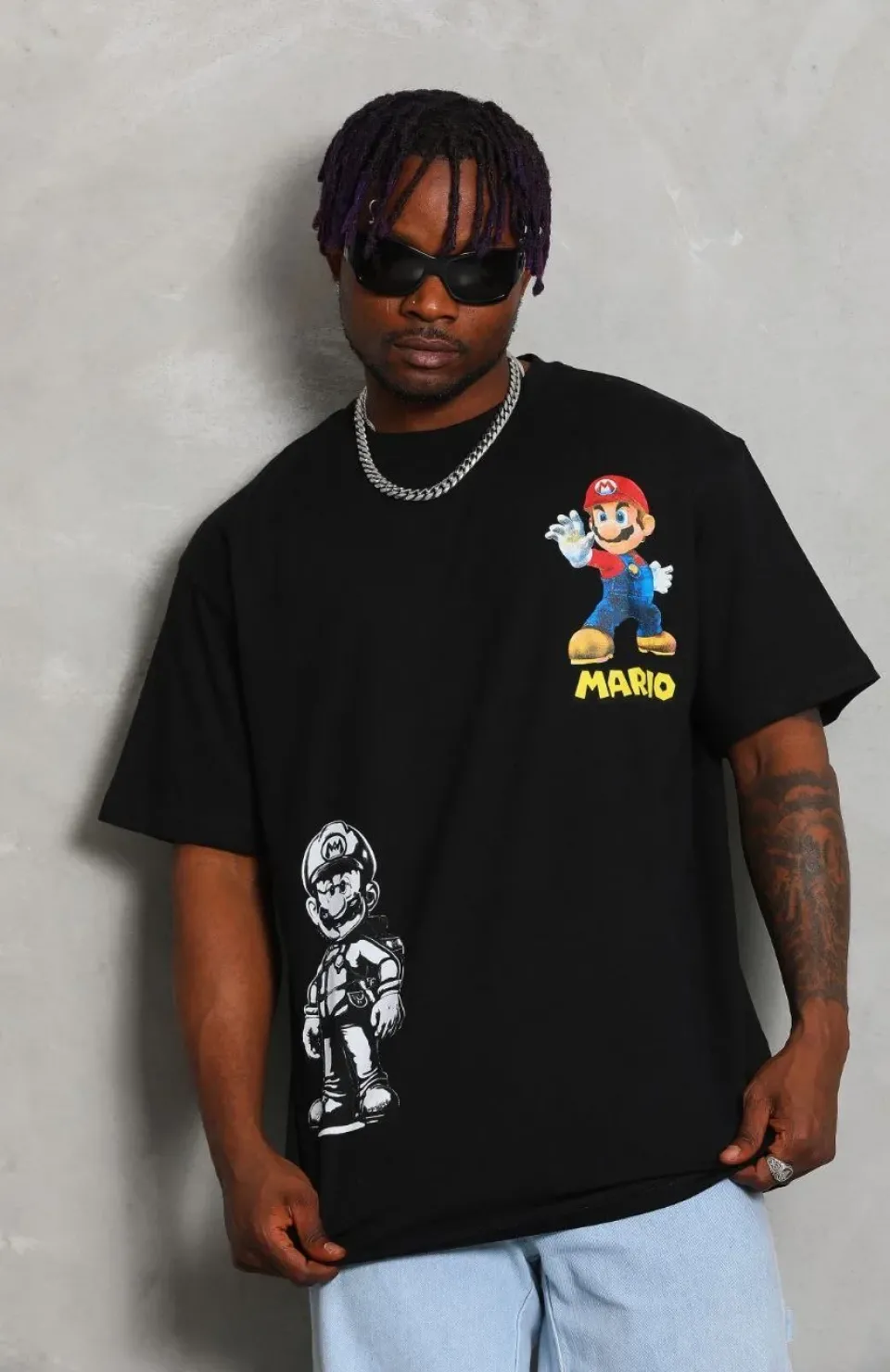 Unisex Oversize Baskılı Bisiklet Yaka T-Shirt - Siyah