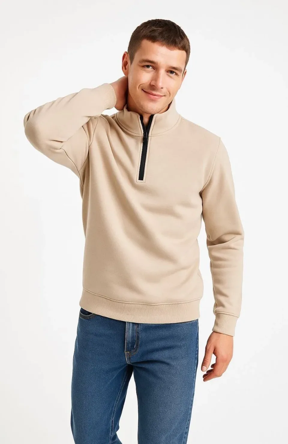 Erkek Dik Yaka Sweatshirt Dik Yaka Yarım Fermuarlı 3 İplik Şardonlu Pamuk Kumaş - Bej