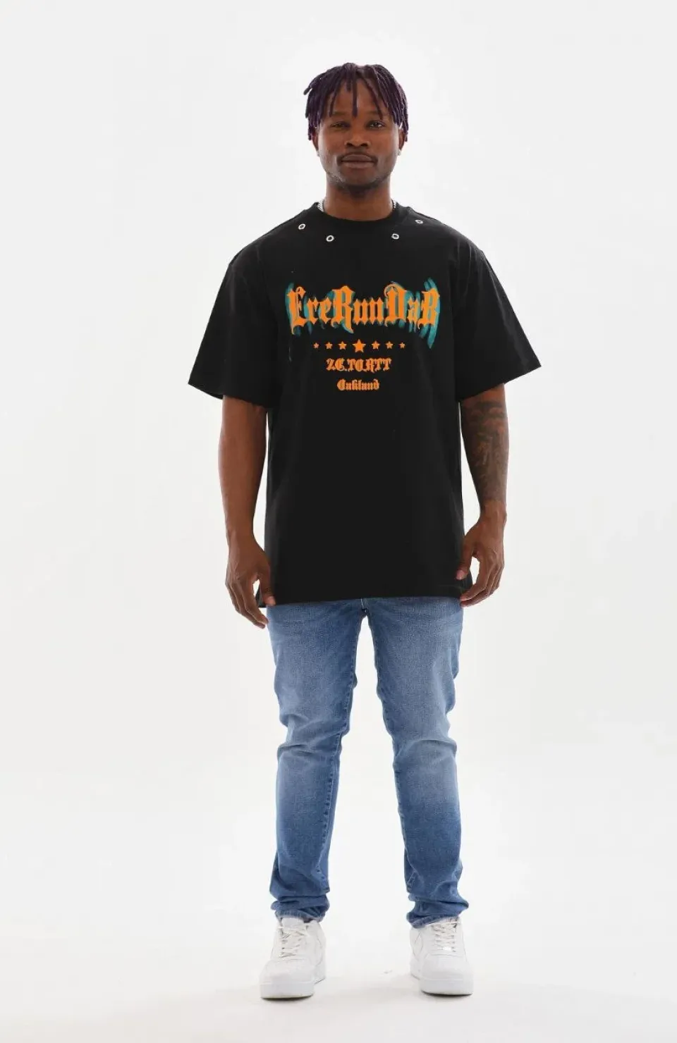 Unisex Kuşgözü Detaylı Baskılı Oversize T-Shirt - Siyah